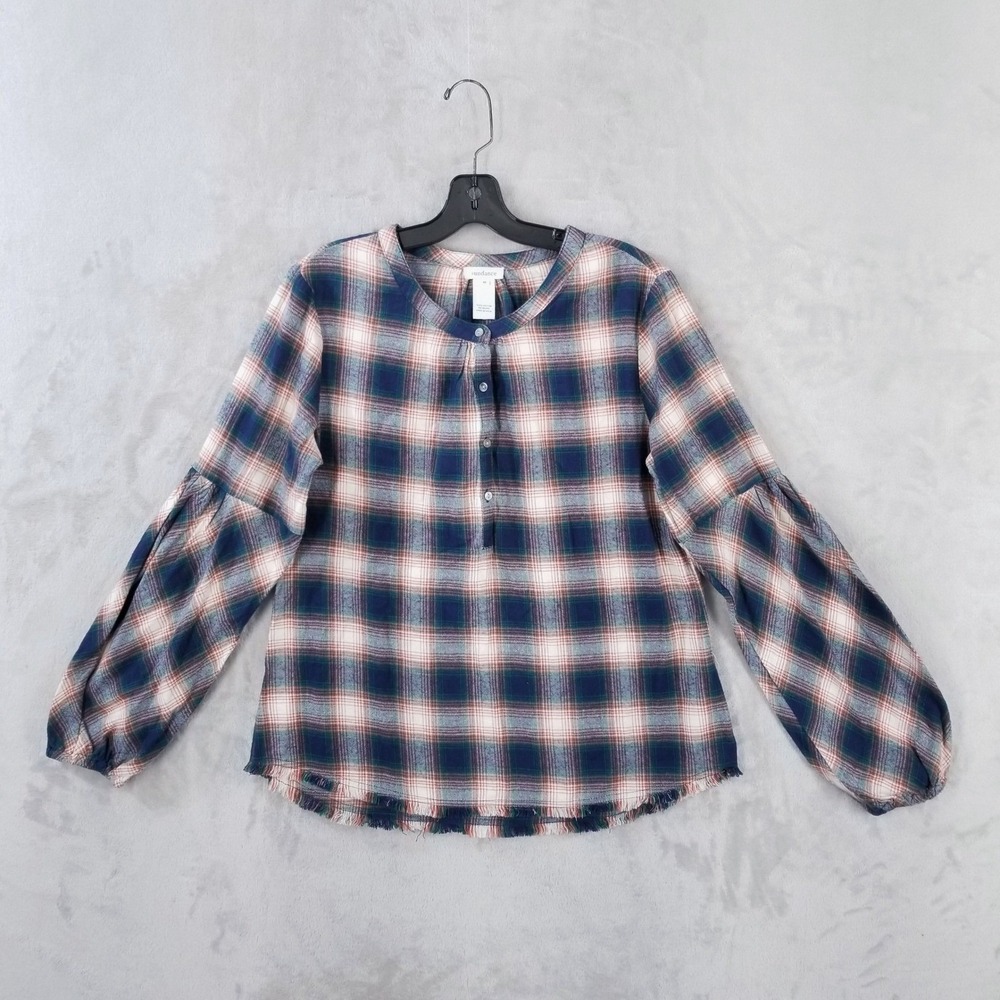 Sundance Henley Blouse Womens M Dreamer Plaid Cotton‎ Balloon Sleeve Raw Hem